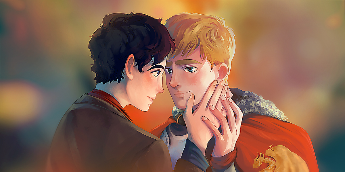 Close-up of Merlin and Arthur. Merlin's hand is on Arthur's cheek, and Arthur is touching Merlin's hand with his own.